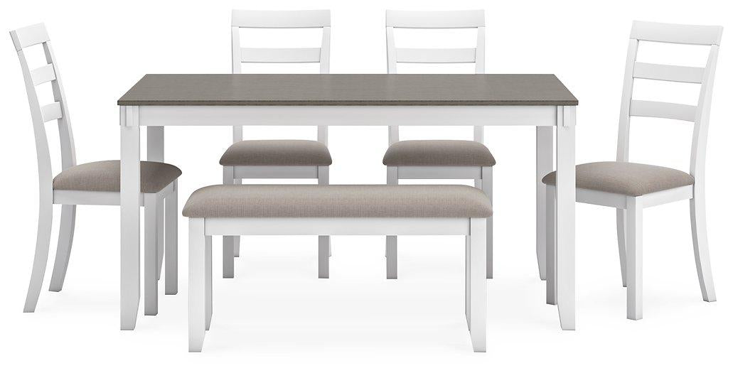Table à manger et chaises Stonehollow blanc/gris avec banc (ensemble de 6)
