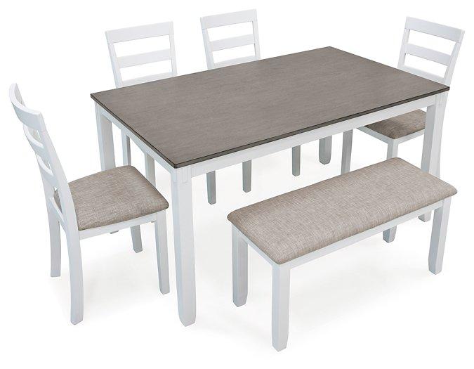 Table à manger et chaises Stonehollow blanc/gris avec banc (ensemble de 6)
