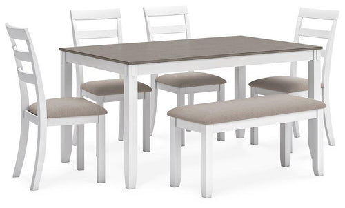 Table à manger et chaises Stonehollow blanc/gris avec banc (ensemble de 6)